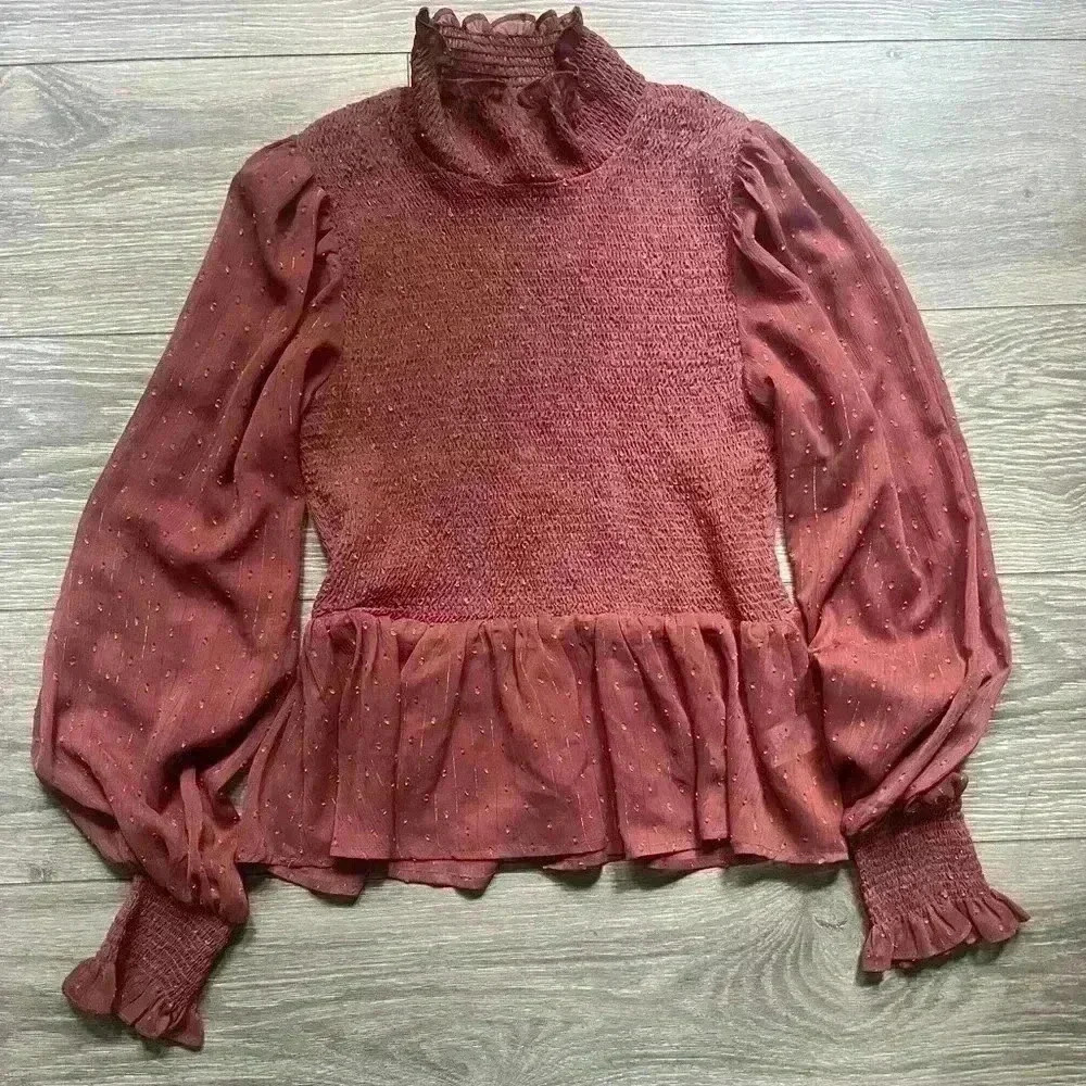 Lulu’s Smocked Mauve Turtleneck Peplum Long Puff Sleeve Blouse Size M